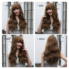 66 04 Cm Dark Brown Curly Wig With Bangs Long Curly Hair Synthetic Wigs