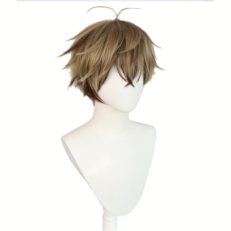 2 Tone Blonde & Brown Straight Wigs - Short Synthetic Hair for Cosplay