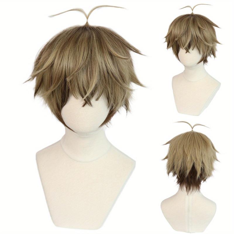 2 Tone Blonde & Brown Straight Wigs - Short Synthetic Hair for Cosplay