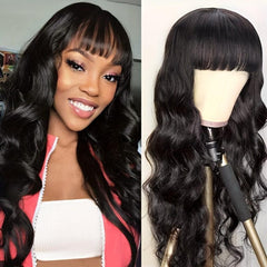 Body Wave Wigs With Bangs - Long Wavy Synthetic Hair
