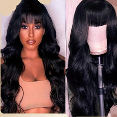 Body Wave Wigs With Bangs - Long Wavy Synthetic Hair