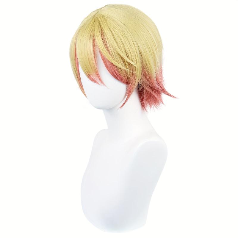 Pink Ombre Yellow Straight Cosplay Wig with Bangs for Men + Wig Cap