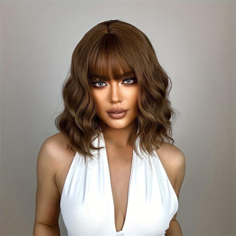 Brown 35 56 Cm Bob Curly Wavy Hair Wigs With Bangs For Women Synthetic Fiber