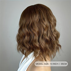 Brown 35 56 Cm Bob Curly Wavy Hair Wigs With Bangs For Women Synthetic Fiber