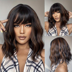 Brown 35 56 Cm Bob Curly Wavy Hair Wigs With Bangs For Women Synthetic Fiber