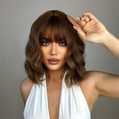 Brown 35 56 Cm Bob Curly Wavy Hair Wigs With Bangs For Women Synthetic Fiber