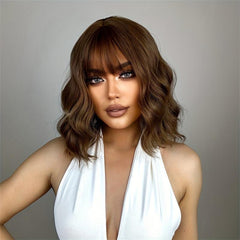 Brown 35 56 Cm Bob Curly Wavy Hair Wigs With Bangs For Women Synthetic Fiber