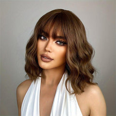 Brown 35 56 Cm Bob Curly Wavy Hair Wigs With Bangs For Women Synthetic Fiber