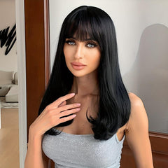 55 88 Cm Long Straight Hair Wigs With Bangs Natural Looking Soft