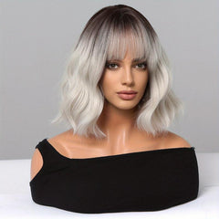 Long Brown Ombre Ivory Curly Wavy Hair Wig with Bangs 35 56 cm