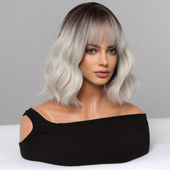 Long Brown Ombre Ivory Curly Wavy Hair Wig with Bangs 35 56 cm