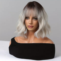 Long Brown Ombre Ivory Curly Wavy Hair Wig with Bangs 35 56 cm