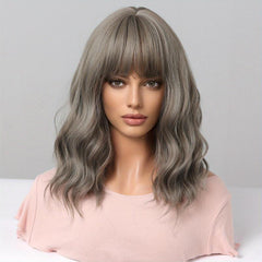 Long Brown Ombre Ivory Curly Wavy Hair Wig with Bangs 35 56 cm