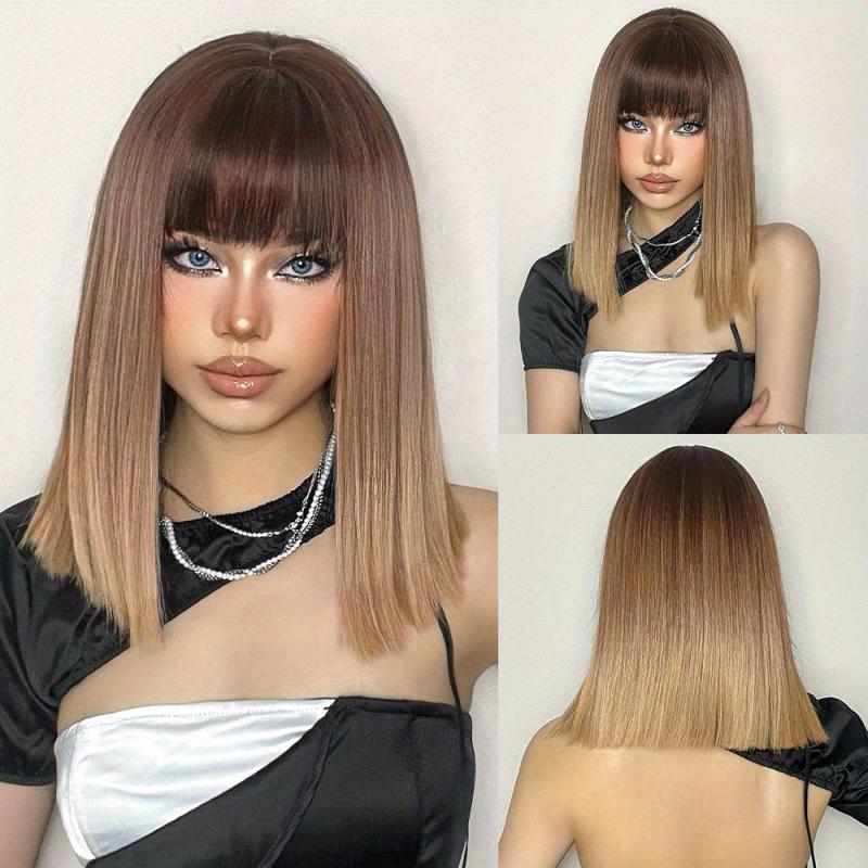 Gradient Blonde Short Bob Straight Wig with Bangs