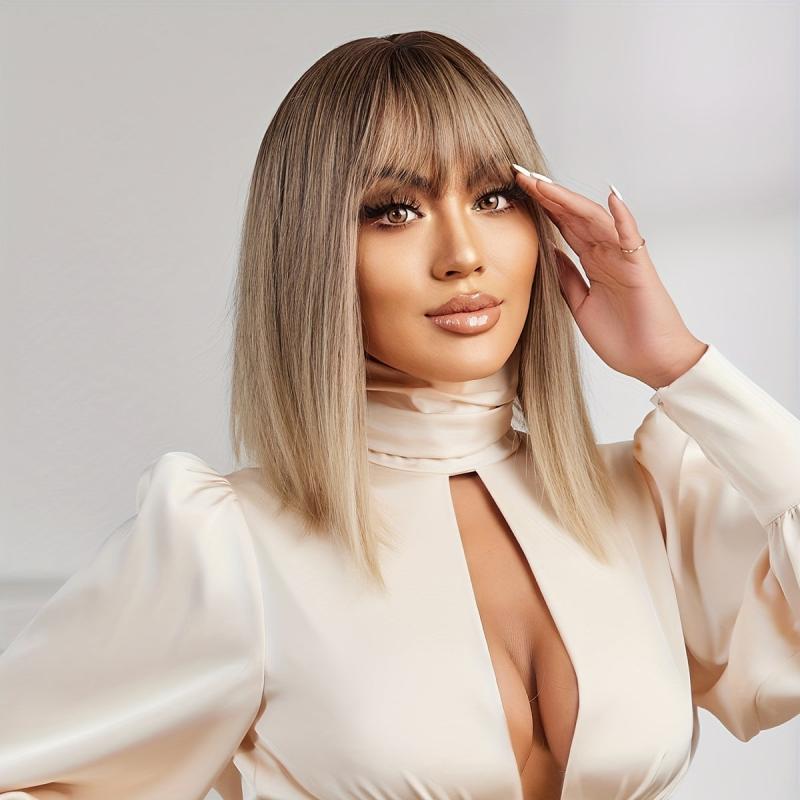 Gradient Blonde Short Bob Straight Wig with Bangs