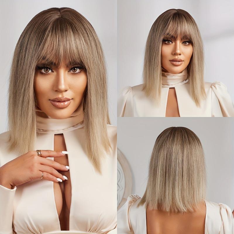 Gradient Blonde Short Bob Straight Wig with Bangs