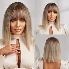Gradient Blonde Short Bob Straight Wig with Bangs