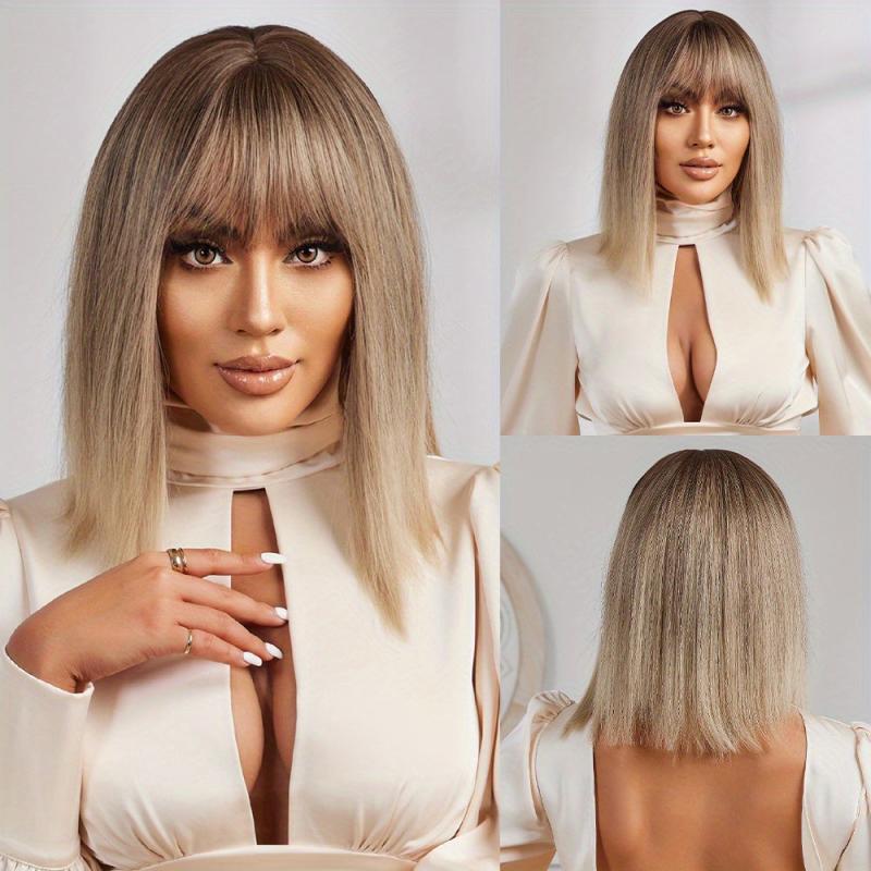 Gradient Blonde Short Bob Straight Wig with Bangs