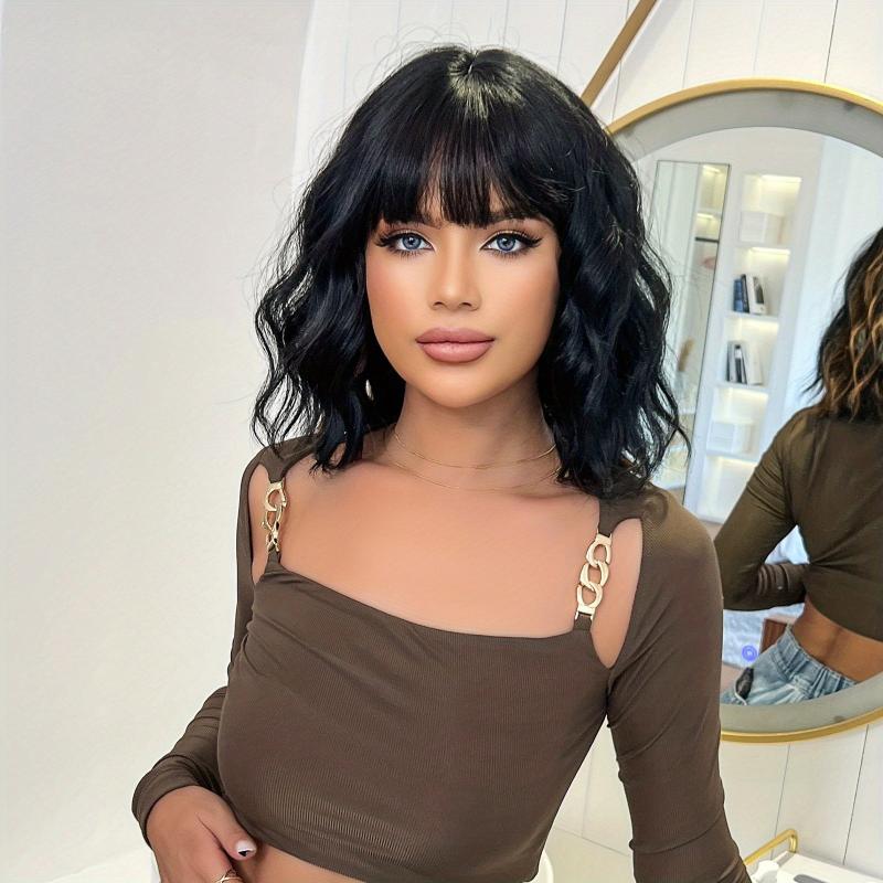 35 56 Cm Short Bob Wavy Curly Hair Wigs with Bangs for Women Girls Synthetic