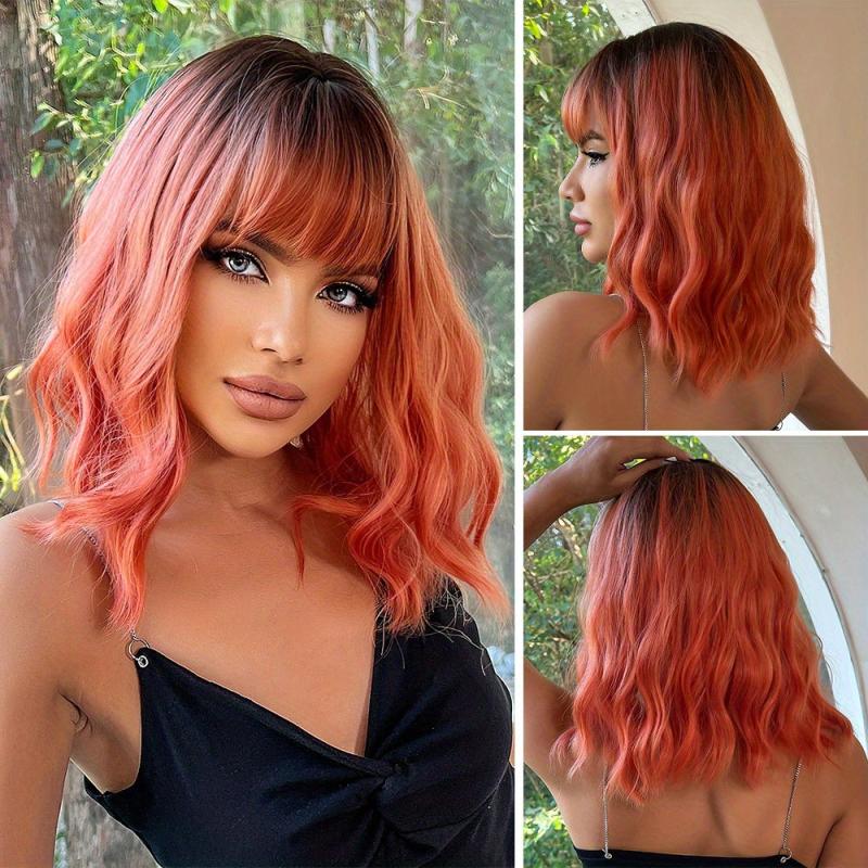 Shoulder Length Curly Wavy Hair Wig with Bangs for Women - Synthetic Fiber