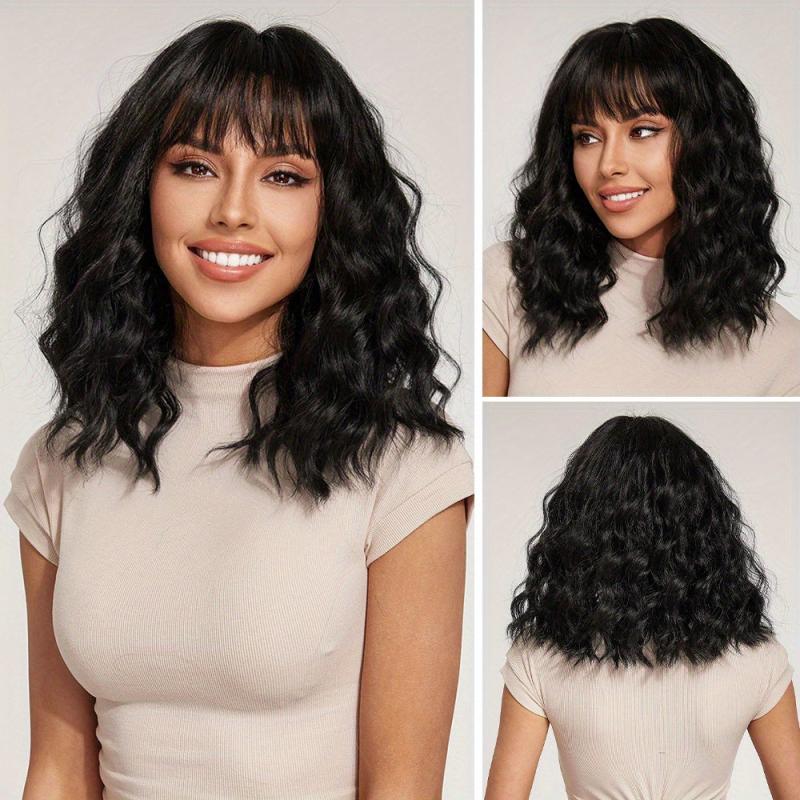 Shoulder Length Curly Wavy Hair Wig with Bangs for Women - Synthetic Fiber
