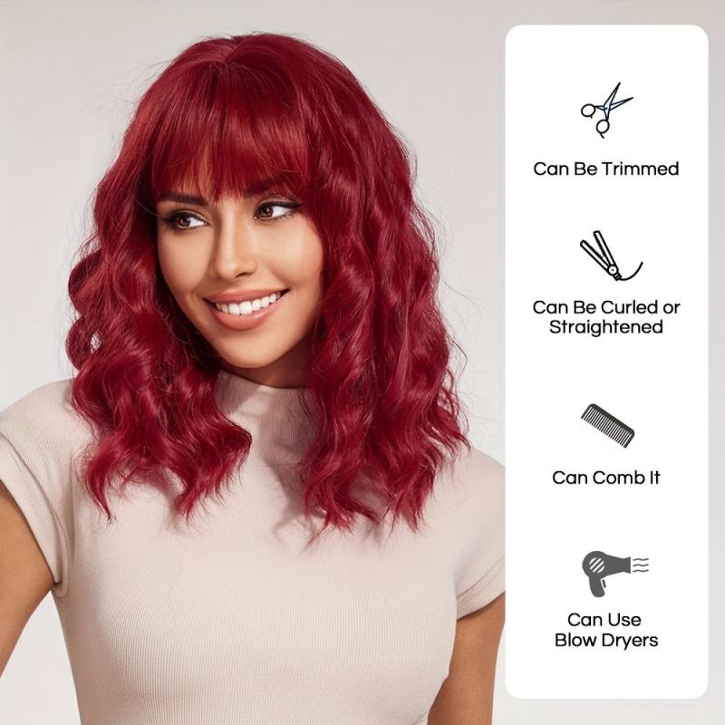 Shoulder Length Curly Wavy Hair Wig with Bangs for Women - Synthetic Fiber
