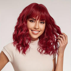 Shoulder Length Curly Wavy Hair Wig with Bangs for Women - Synthetic Fiber