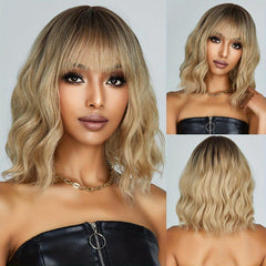 Wavy Curly Blonde Ombre Wig 35-56 cm Long Synthetic Wig with Bangs for Daily Use