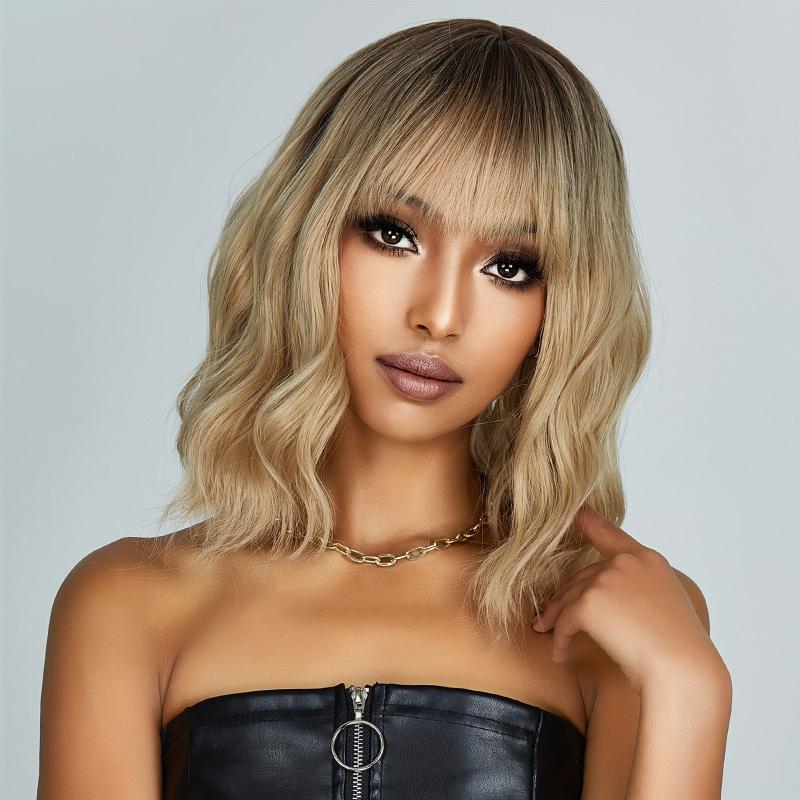 Wavy Curly Blonde Ombre Wig 35-56 cm Long Synthetic Wig with Bangs for Daily Use