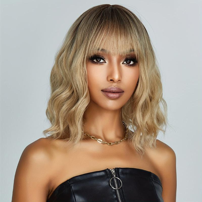Wavy Curly Blonde Ombre Wig 35-56 cm Long Synthetic Wig with Bangs for Daily Use