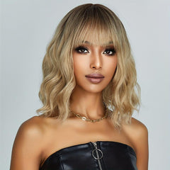 Wavy Curly Blonde Ombre Wig 35-56 cm Long Synthetic Wig with Bangs for Daily Use