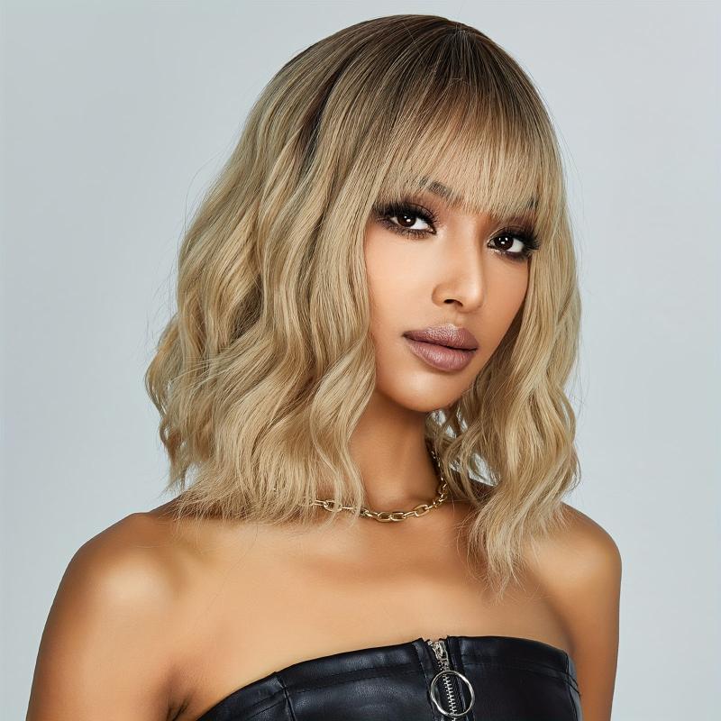 Wavy Curly Blonde Ombre Wig 35-56 cm Long Synthetic Wig with Bangs for Daily Use