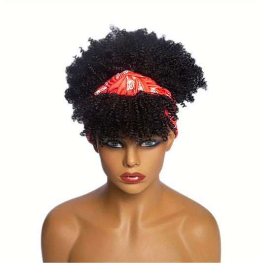 Short Afro Curly Synthetic Wigs With Bangs and Headband for Women