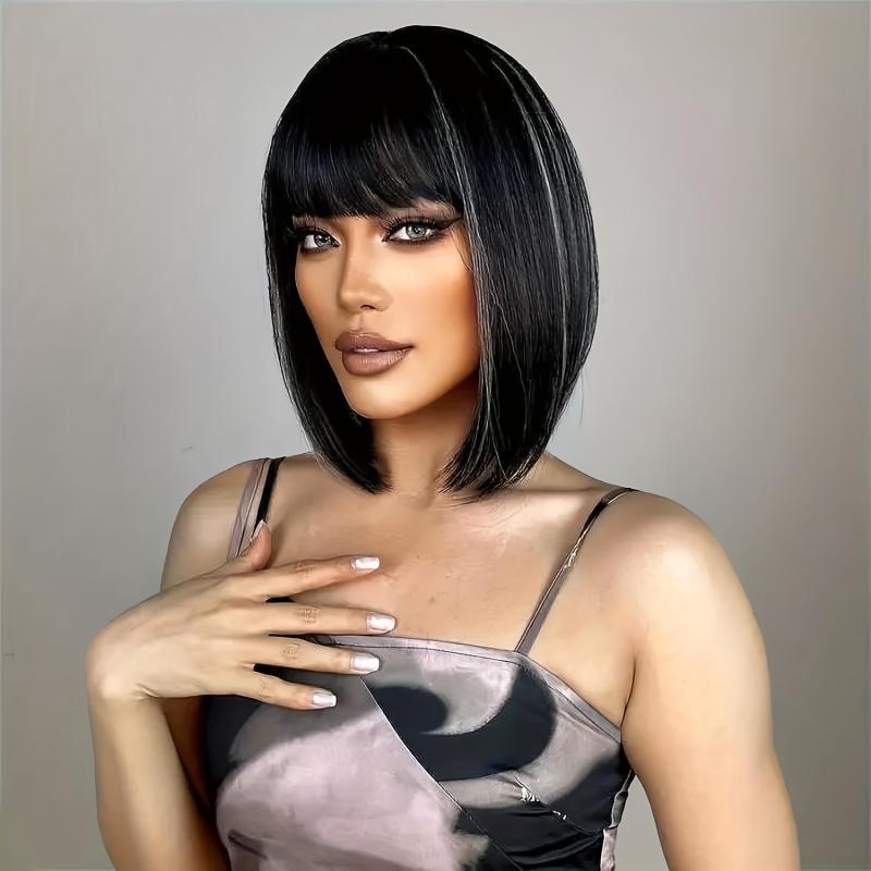 Short Bob Cut Wig With Bangs 35-56 cm Synthetic Hair Wig for Women
