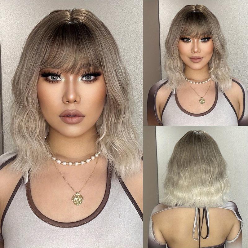 30 48 cm Long Curly Champagne Blonde Wigs with Bangs Brown Roots Synthetic Wigs
