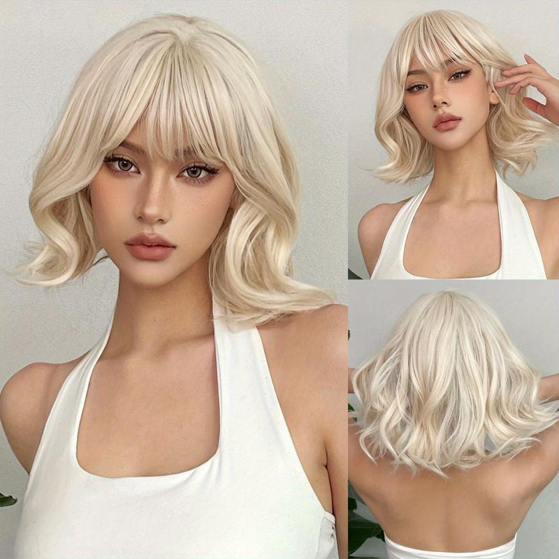 30 48 cm Long Curly Champagne Blonde Wigs with Bangs Brown Roots Synthetic Wigs