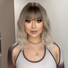 30 48 cm Long Curly Champagne Blonde Wigs with Bangs Brown Roots Synthetic Wigs