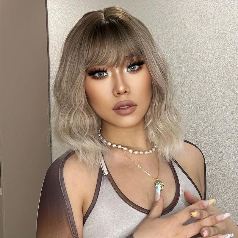 30 48 cm Long Curly Champagne Blonde Wigs with Bangs Brown Roots Synthetic Wigs