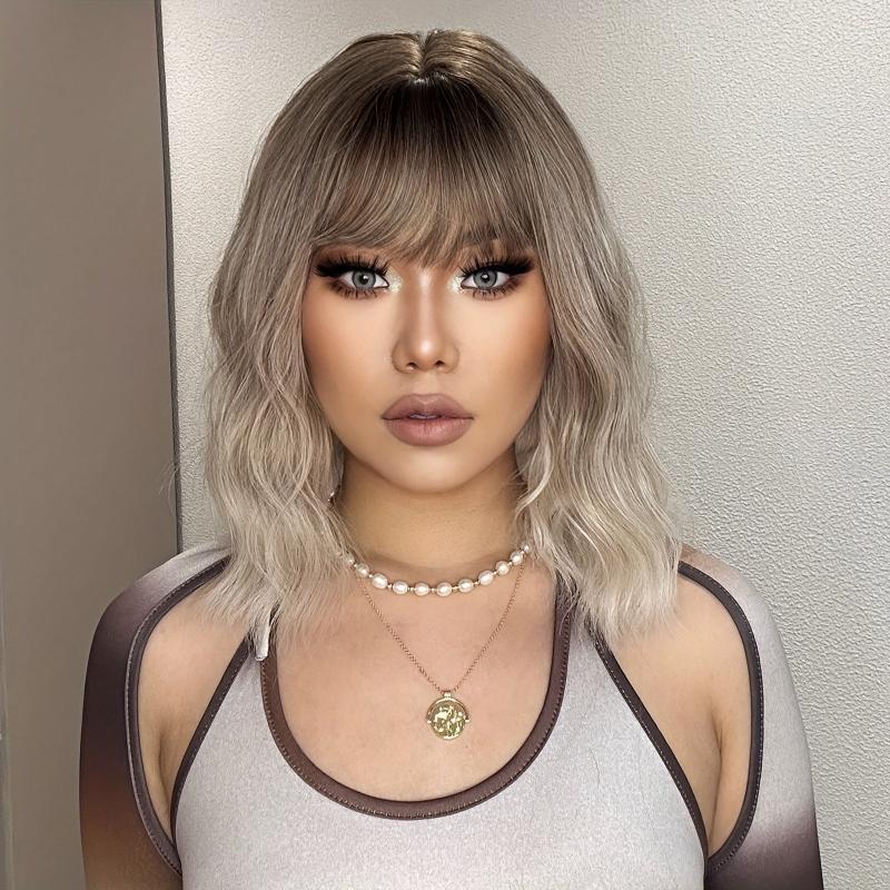 30 48 cm Long Curly Champagne Blonde Wigs with Bangs Brown Roots Synthetic Wigs