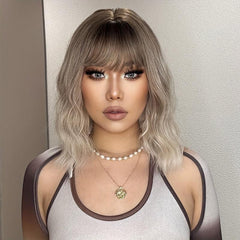 30 48 cm Long Curly Champagne Blonde Wigs with Bangs Brown Roots Synthetic Wigs