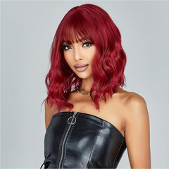 35 56 Cm Long Curly Wine Red Wigs With Bangs Synthetic Wigs For Women And Girls