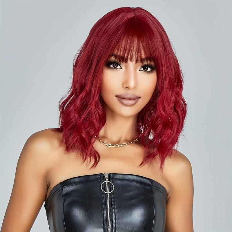 35 56 Cm Long Curly Wine Red Wigs With Bangs Synthetic Wigs For Women And Girls