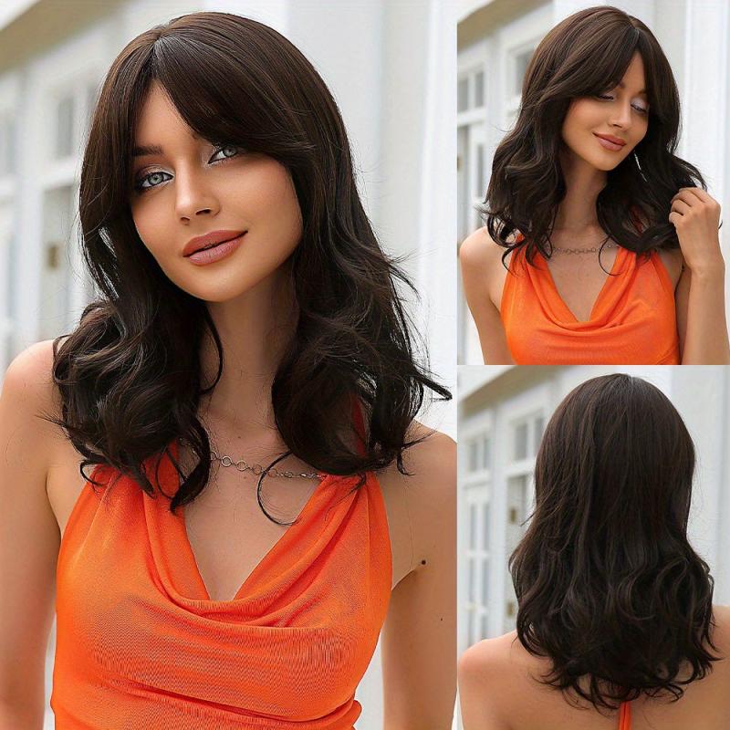 Long Curly Brownish Wigs With Bangs Synthetic Wigs For Women Daily Use