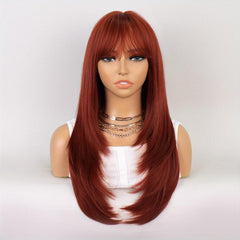 60 96 cm Long Straight Wig With Bangs Natural Brown Red Dress Up Wig