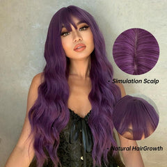 66 04 Cm Long Curly Purple Synthetic Wigs With Bangs