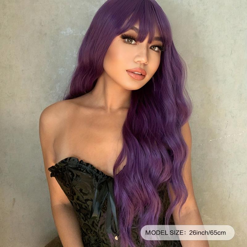 66 04 Cm Long Curly Purple Synthetic Wigs With Bangs