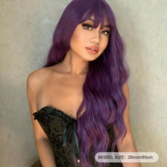 66 04 Cm Long Curly Purple Synthetic Wigs With Bangs