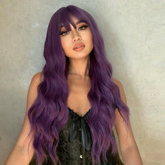 66 04 Cm Long Curly Purple Synthetic Wigs With Bangs