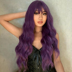 66 04 Cm Long Curly Purple Synthetic Wigs With Bangs