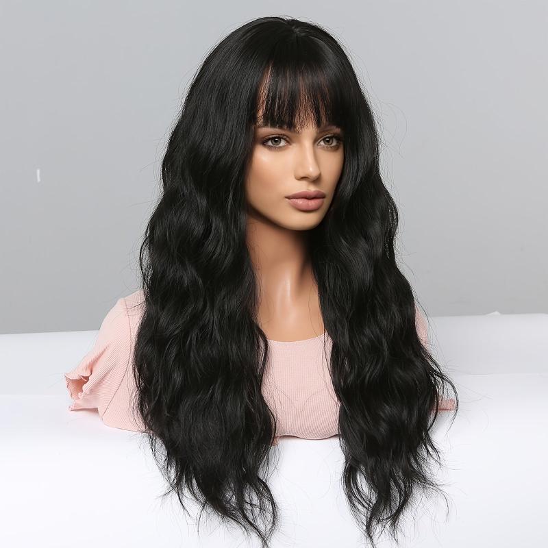 Long Wavy Curly Wigs with Bangs Synthetic Fiber Hair for Daily or Cosplay Party